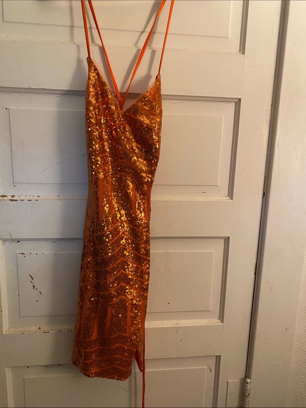 Orange Sequin Mini Slip Dress with Spaghetti Straps